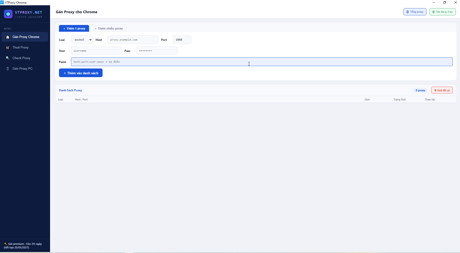 VTProxy Chrome Launcher - Giao diện chính
