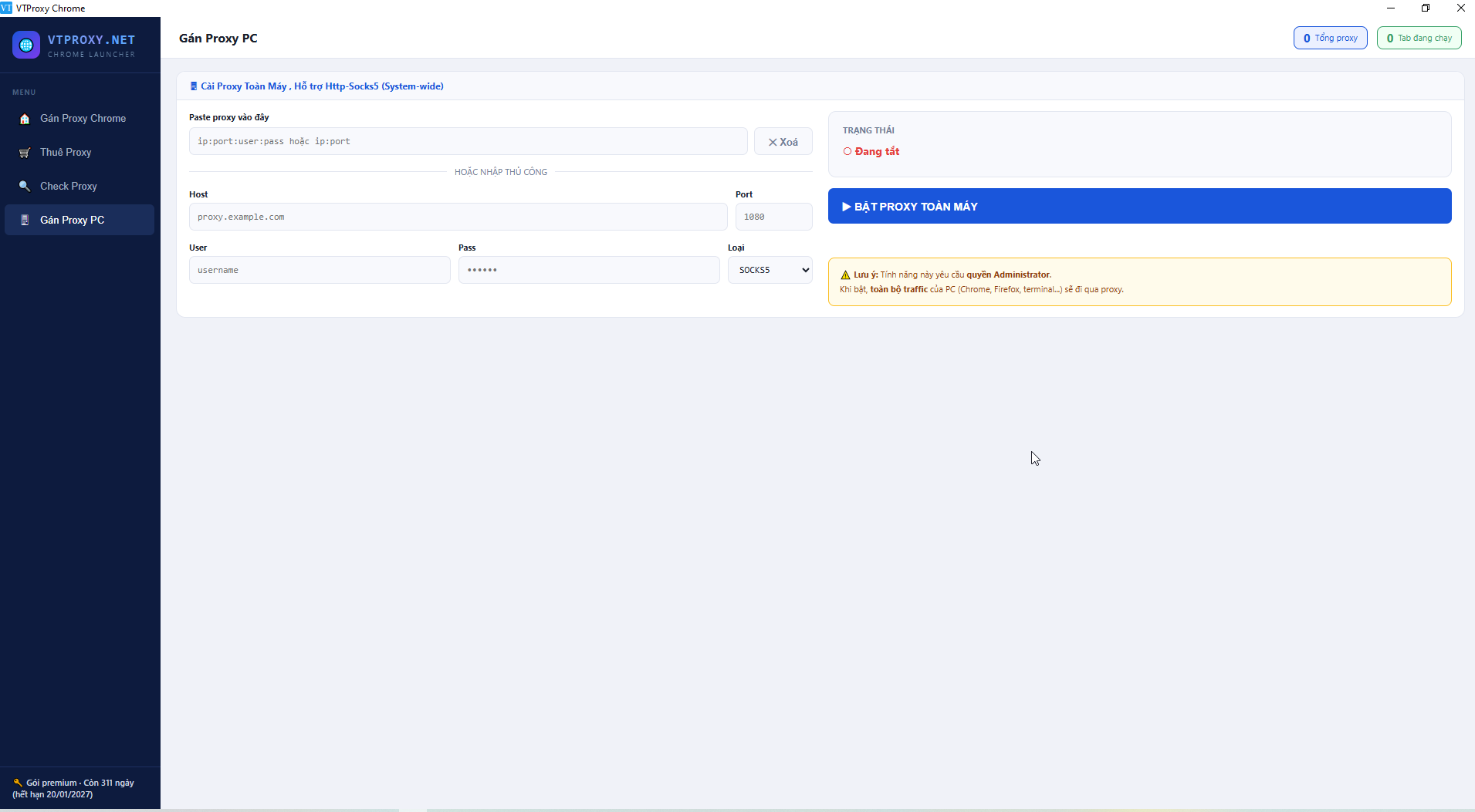 VTProxy Chrome Launcher - Proxy toàn máy